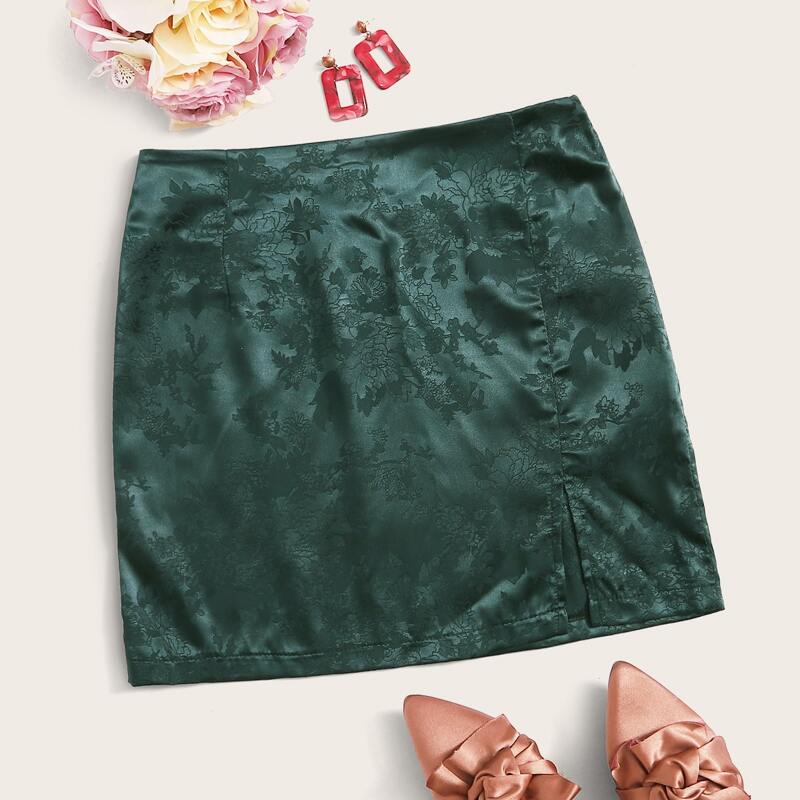 

Satin Jacquard Split Hem Mini Skirt, Green
