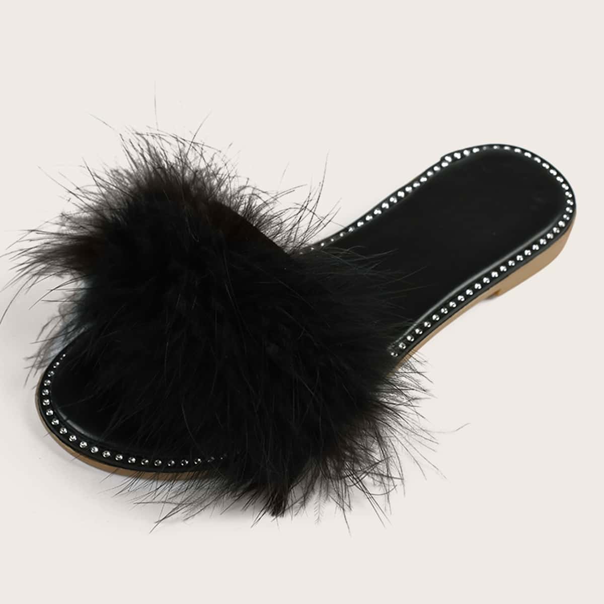 

Open Toe Faux Fur Decor Sliders, Black