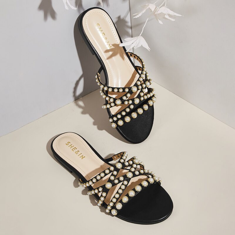 

Faux Pearl Decor Flat Sliders, Black