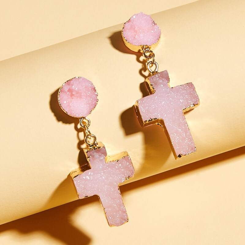 

1pair Cross Charm Drop Earrings, Pink