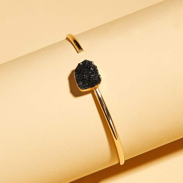 

1pc Stone Decor Cuff Bracelet, Black