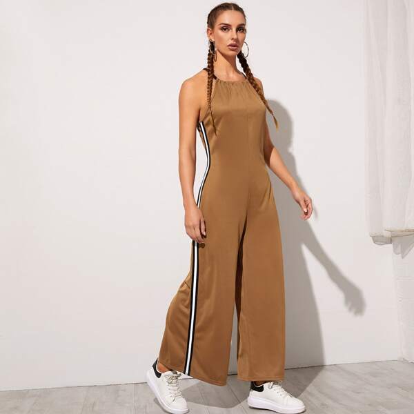 

Side Striped Tie Neck Halter Culottes Jumpsuit, Brown