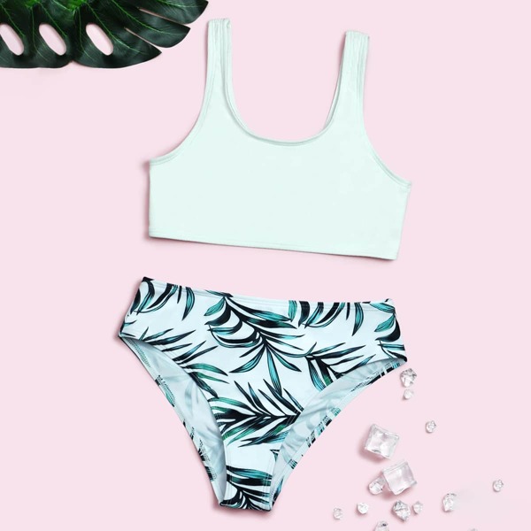 

Girls Palm Print High Waisted Bikini Swimsuit, Multicolor