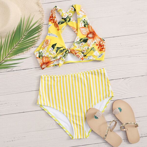 

Floral & Striped Print Knot Front Bikini Swimsuit, Yellow