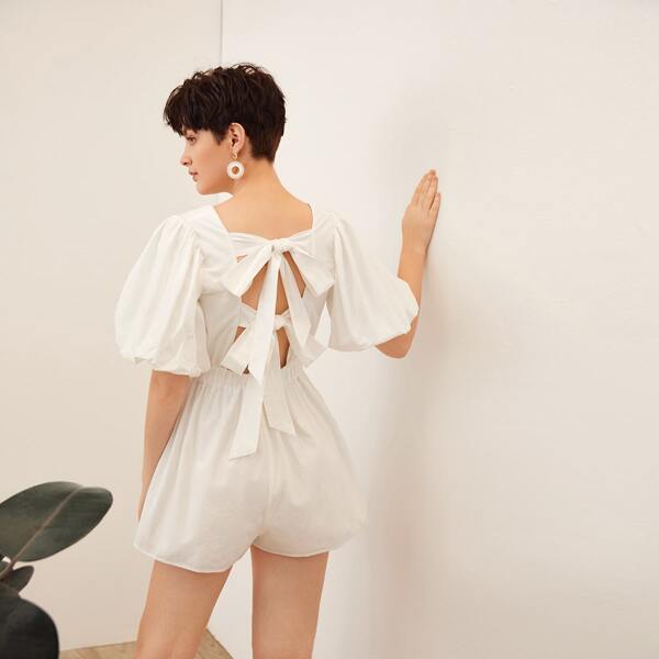 

Tie Back Puff Sleeve Pleated Detail Romper, White