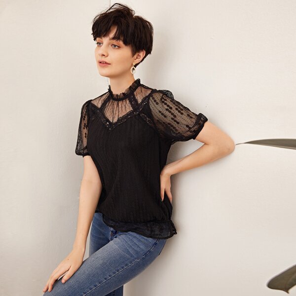 

Sheer Yoke Puff Sleeve Ruffle Hem Lace Overlay Top, Black