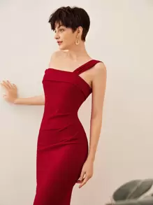 SHEIN Belle Foldover Asymmetrical Neck Fishtail Hem Dress - Burgundy - View 5
