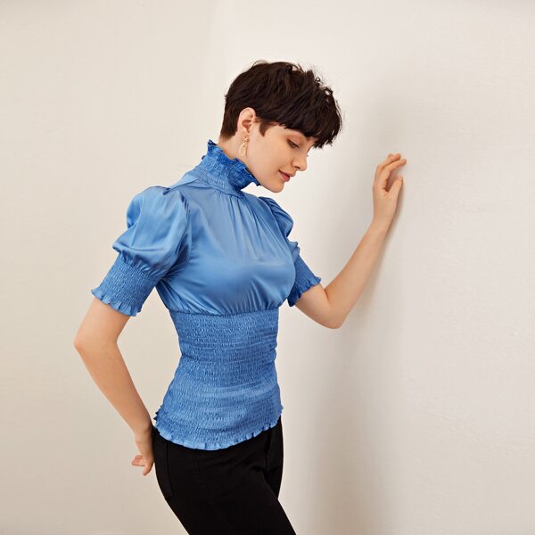 

Frill Trim Shirred Panel Satin Top, Blue