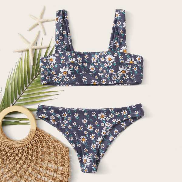 

Floral Square Neck Bikini Swimsuit, Grey
