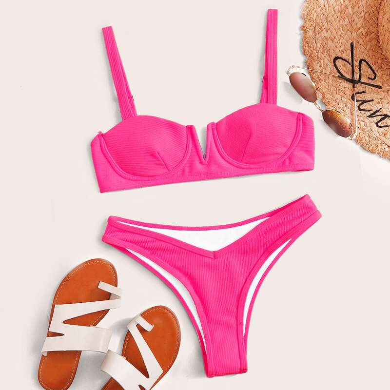 

Rib V Wired Underwire Cheeky Bikini Swimsuit, Pink bright