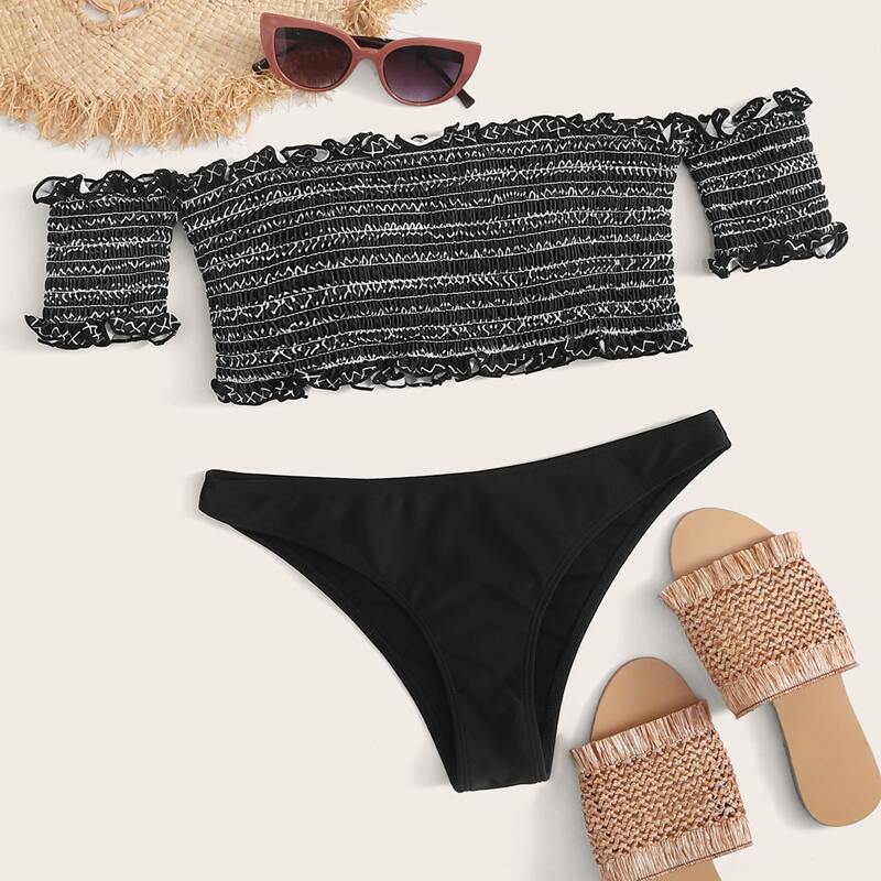 

Smocked Frill Trim Bardot Bikini Swimsuit, Black