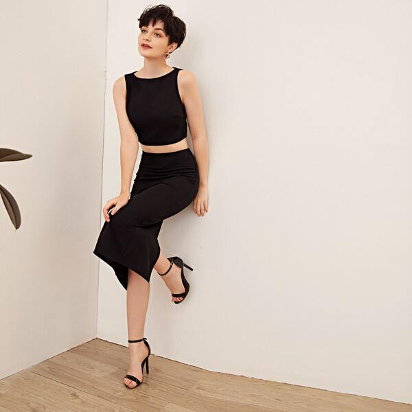 

Solid Tank Top and Split Hem Pencil Skirt Set, Black