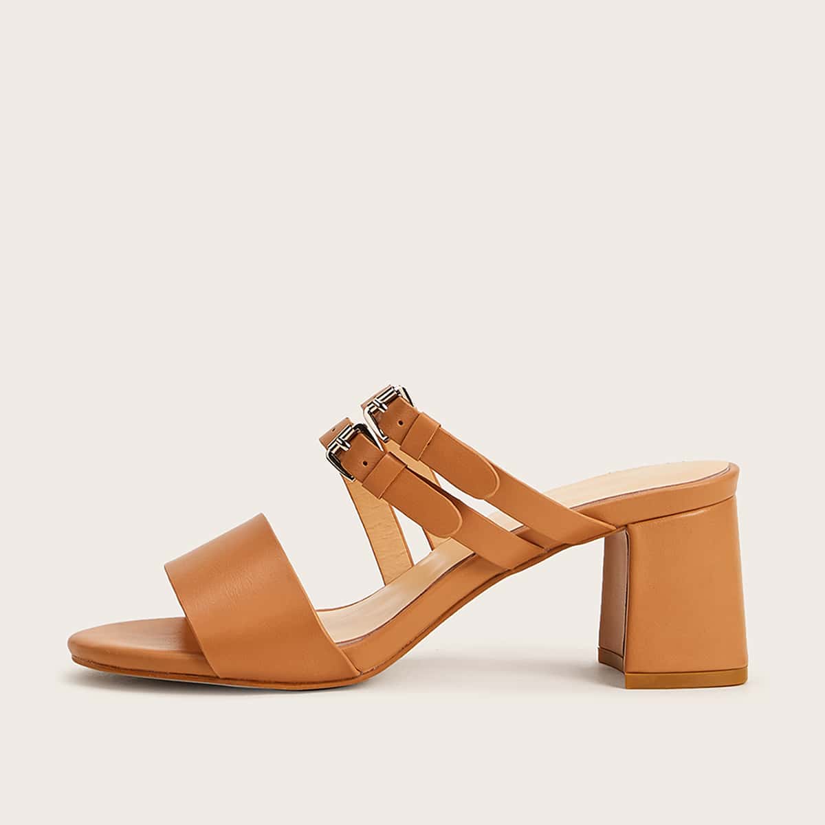 

Double Buckle Strap Chunky Heeled Mules, Khaki