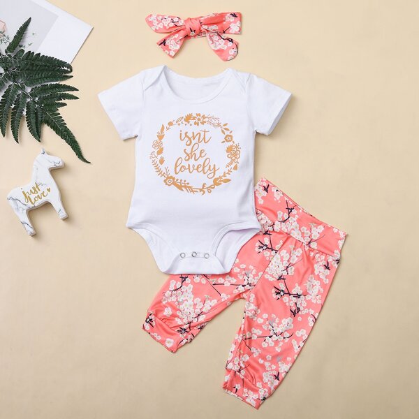 

Baby Girl Letter Graphic Romper & Floral Pants & Headband, Multicolor