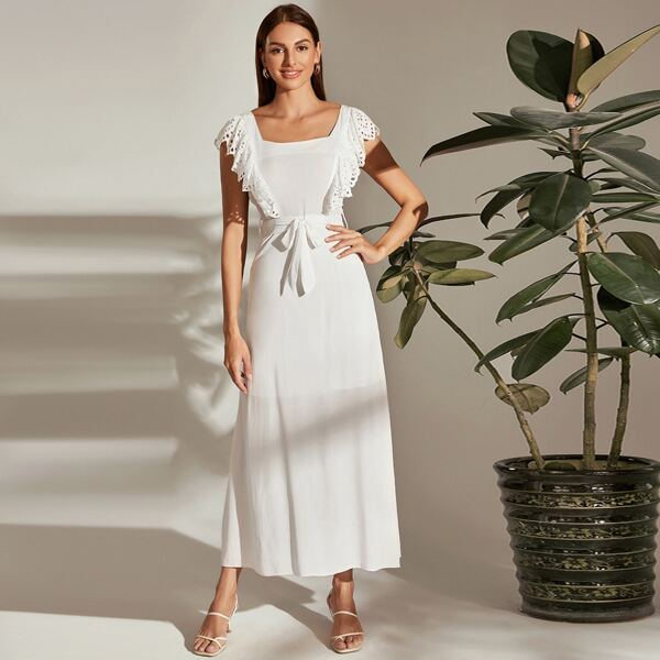 

Eyelet Embroidery Ruffle Trim Belted Dress, White