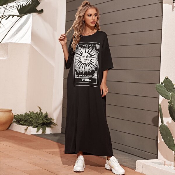 

Slogan Graphic Maxi Tee Dress, Black