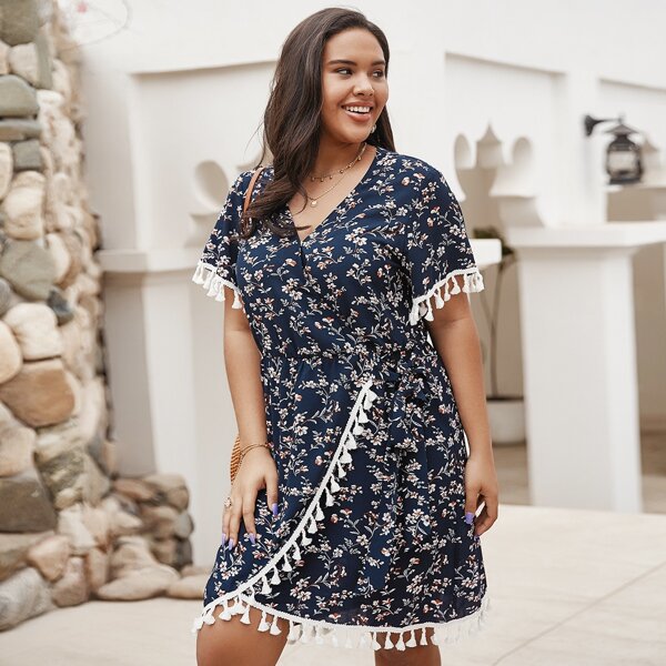 

Plus Ditsy Floral Print Fringe Trim Wrap Skirt Chiffon Dress, Navy blue