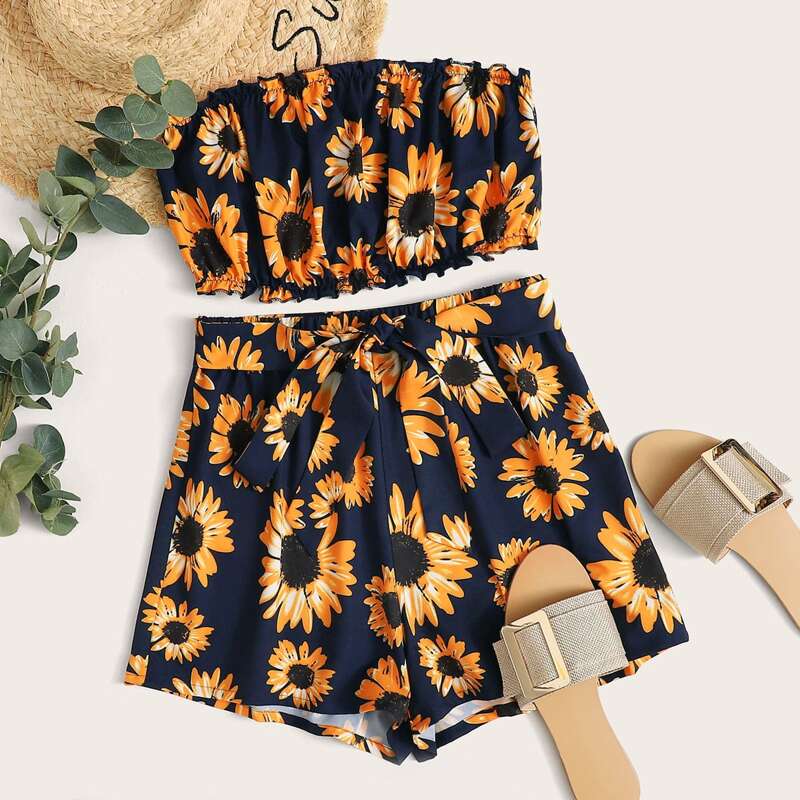 

Frill Trim Sunflower Print Tube Top & Shorts Set, Navy blue