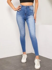 SHEIN Essnce 漂白水洗高腰緊身牛仔褲 - 藍色 - 查看 4