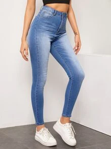SHEIN Essnce 漂白水洗高腰緊身牛仔褲 - 藍色 - 查看 5