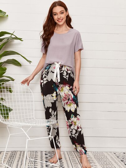 Solid Tee & Large Floral Pants PJ Set