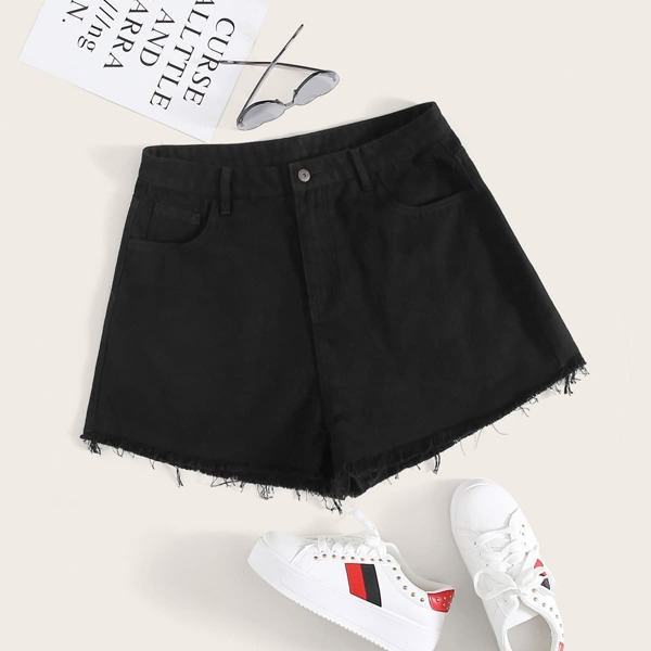 

Plus Solid Raw Hem Denim Shorts, Black