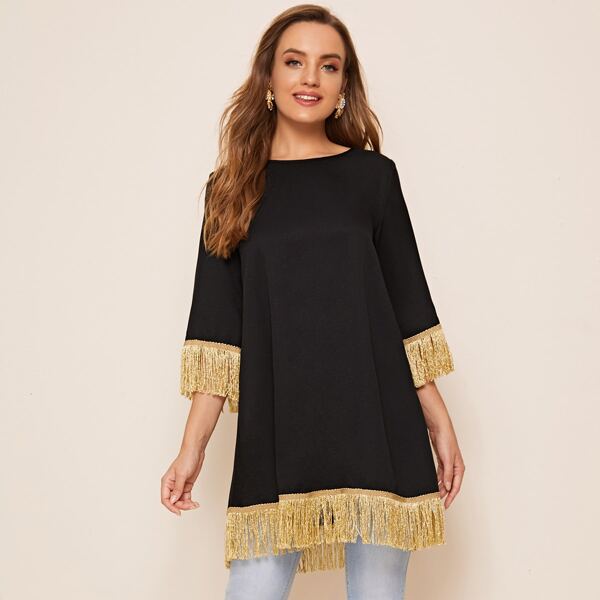 

Fringe Trim Longline Top, Black