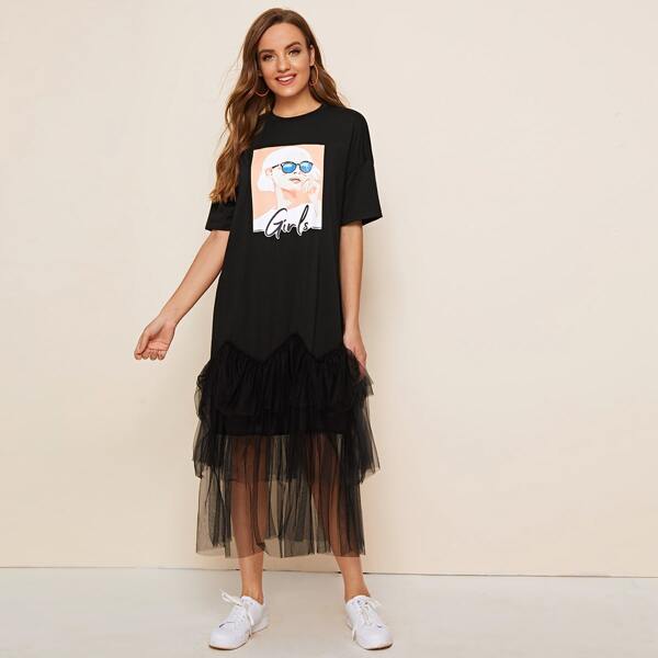 

Letter and Figure Graphic Mesh Hem Dress, Black