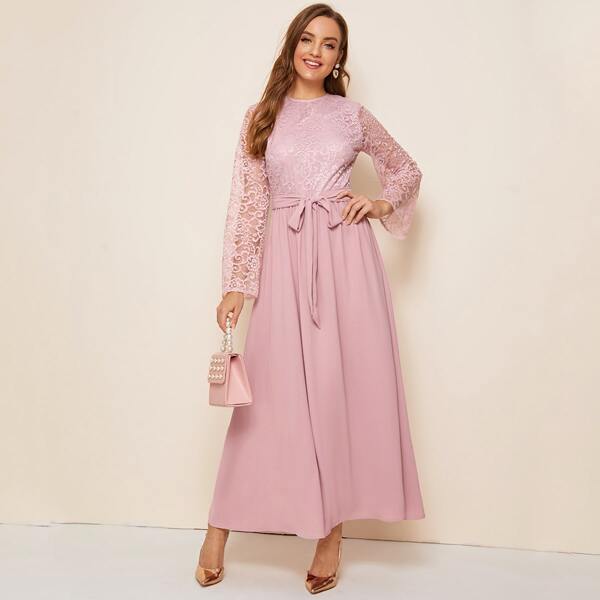 

Lace Bodice Self Belted Dress, Pink pastel