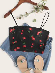 Muchica Cherry Print Crop Cami Top - Black - View 1