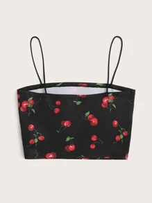 Muchica Cherry Print Crop Cami Top - Black - View 2