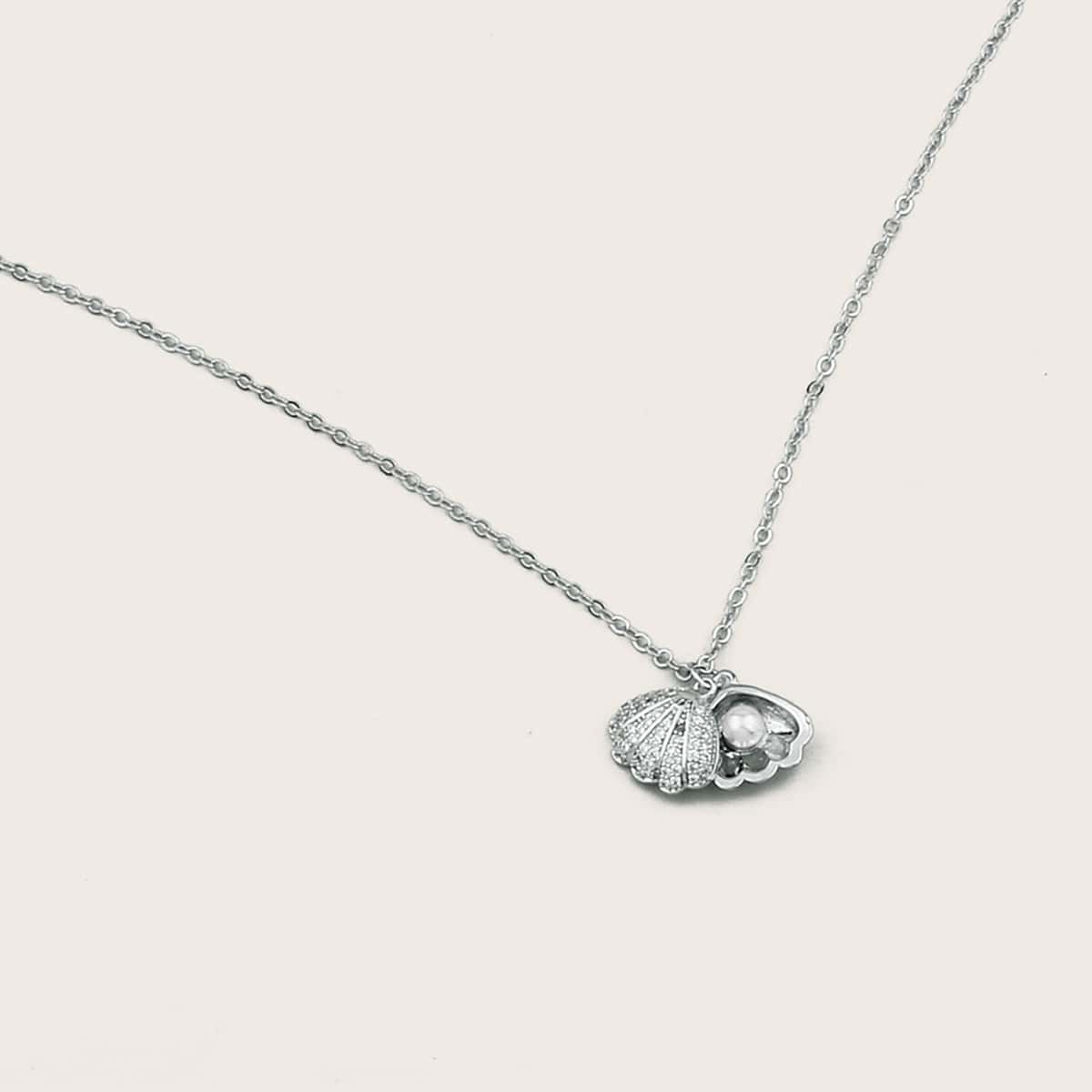 

1pc Faux Pearl & Shell Charm Necklace, Silver