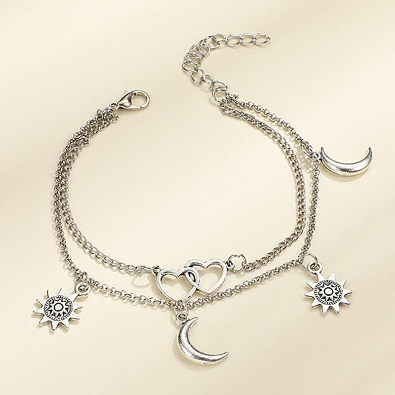 

1pc Moon & Star Charm Layered Anklet, Silver