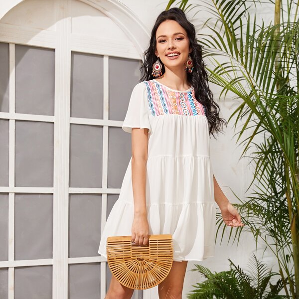 

Embroidery Yoke Smock Dress, White