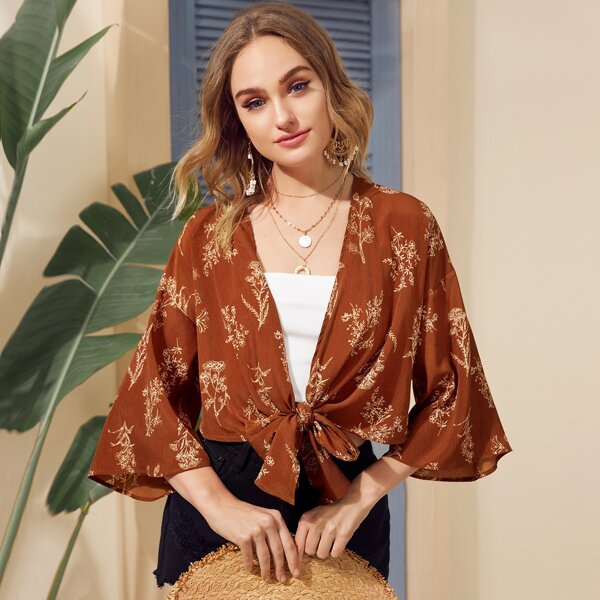 

Tie Front Floral Print Kimono, Brown