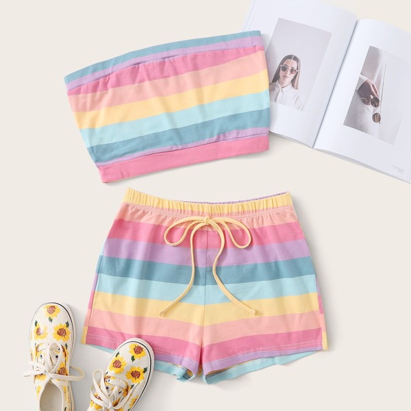 

Rainbow Striped Crop Tube Top & Tie Front Shorts, Multicolor