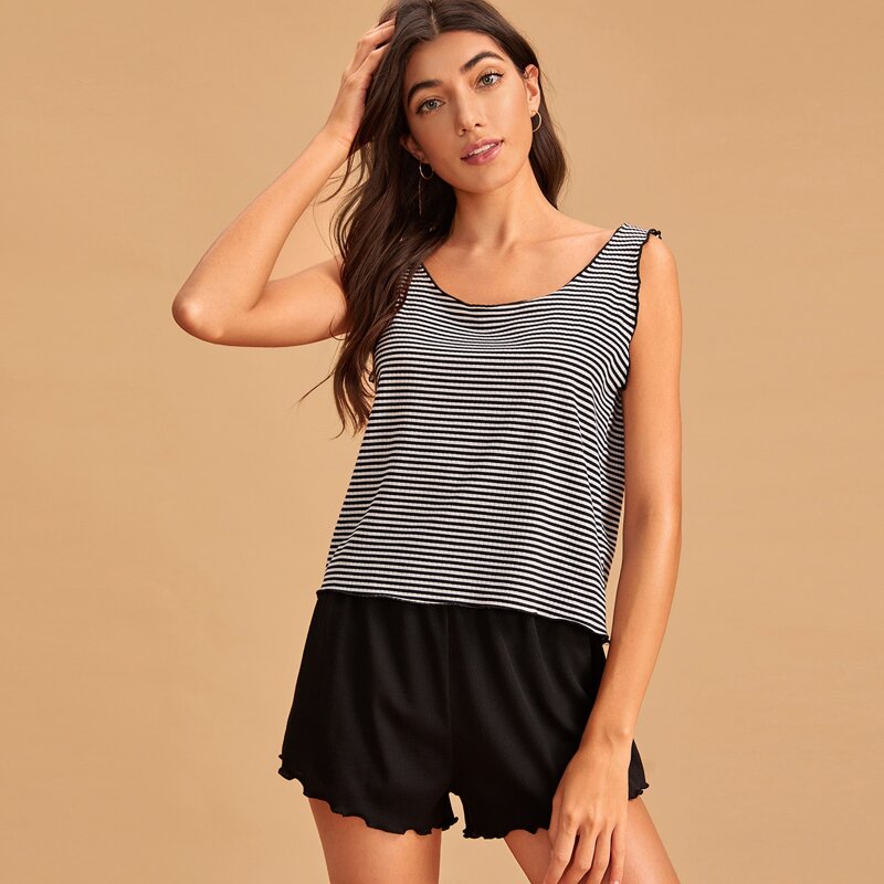 

Striped Tank Top & Lettuce Trim Shorts PJ Set, Black and white
