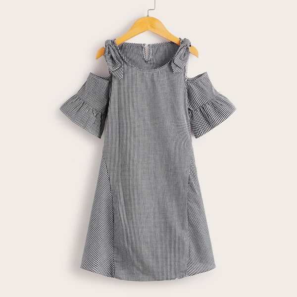 

Girls Cold Shoulder Bow Gingham Dress, Black and white