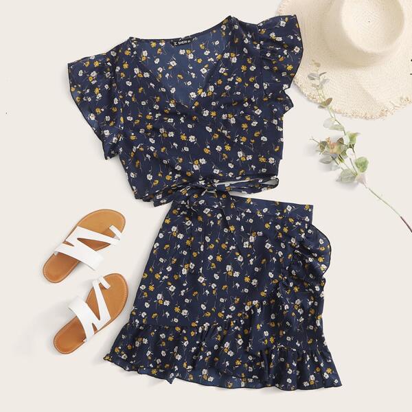 

Tie Back Ruffle Trim Ditsy Floral Wrap Top & Skirt Set, Navy blue