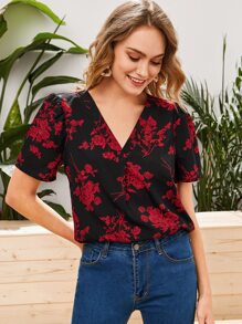 SHEIN V-Neck Floral Print Top - Multicolor - View 1