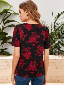 SHEIN V-Neck Floral Print Top - Multicolor - View 2