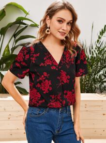 SHEIN V-Neck Floral Print Top - Multicolor - View 3