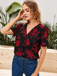 SHEIN V-Neck Floral Print Top - Multicolor - View 4