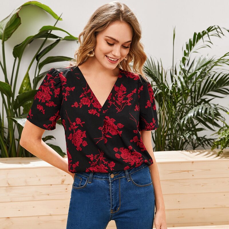 

V-Neck Floral Print Top, Multicolor