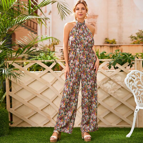 

Allover Floral Print Tie back Backless Jumpsuit, Multicolor