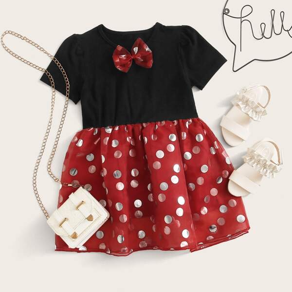 

Toddler Girls Bow Detail Polka Dot Mesh Dress, Multicolor
