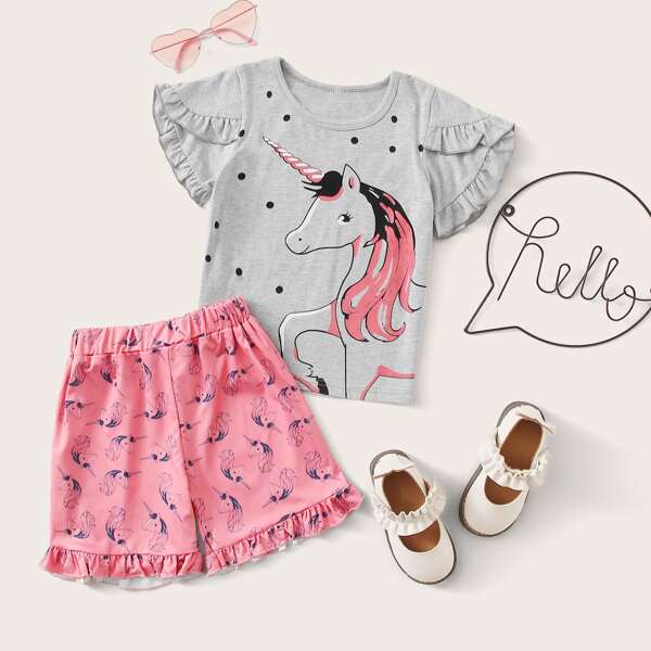 

Toddler Girls Cartoon Graphic Tee With Ruffle Hem Shorts, Multicolor