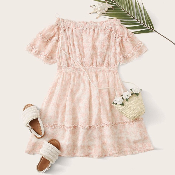 

Girls Floral Print Ruffle Trim Chiffon Dress, Pink