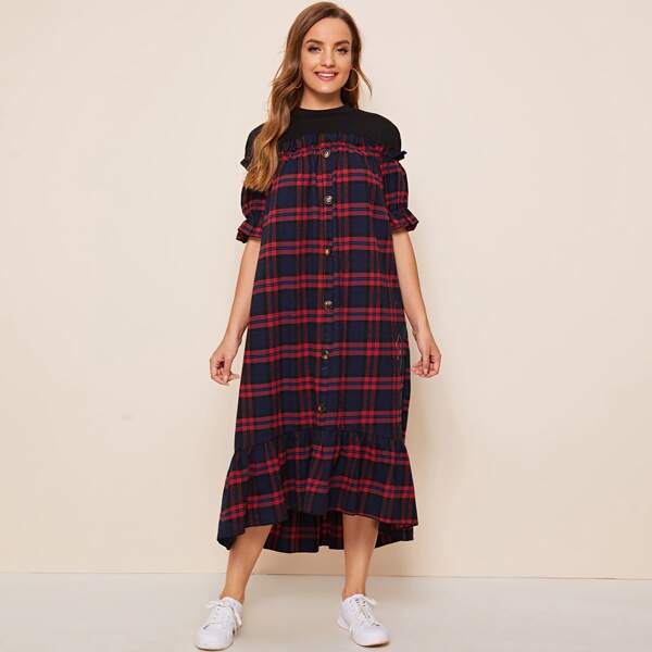 

Single Breasted Ruffle Hem Tartan Dress, Multicolor