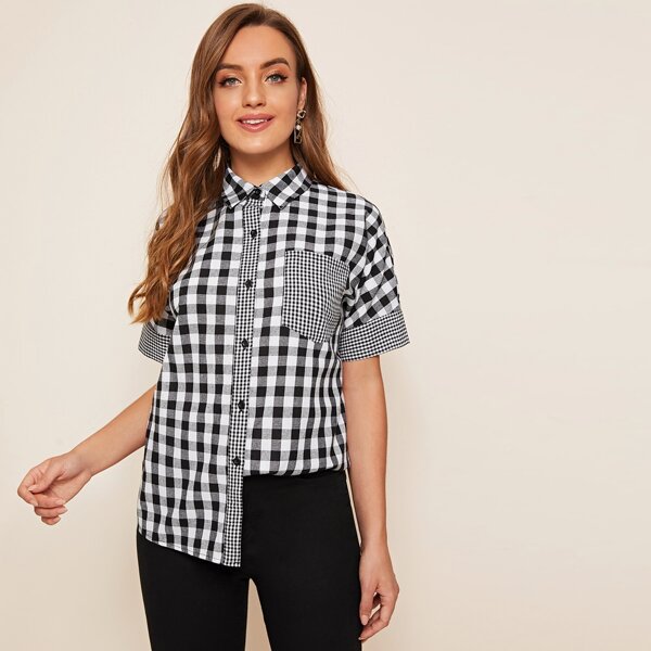 

Collared Pocket Front Gingham Blouse, Black and white